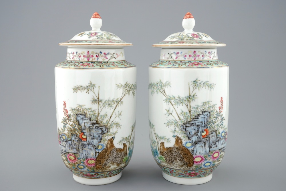 A pair of fine Chinese famille rose vases and covers with quails, Republic, 20th C.